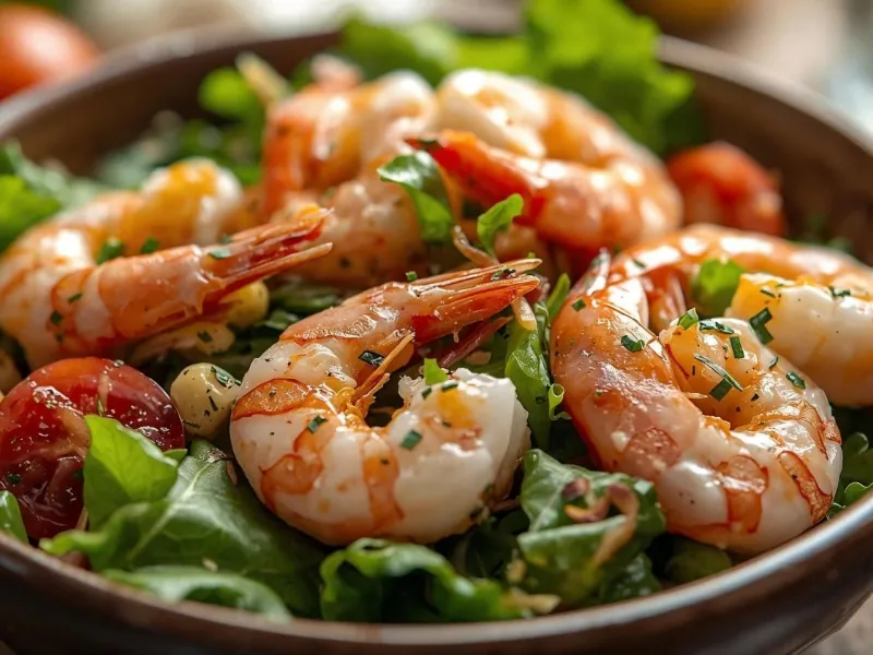 Fresh shrimp salad with greens and tomatoes at Pier One Fish & Chips, a Fish & Chips Restaurant in Montebello